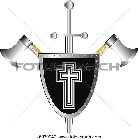 Clip Art of Battle shield with axes and sword k6979049.