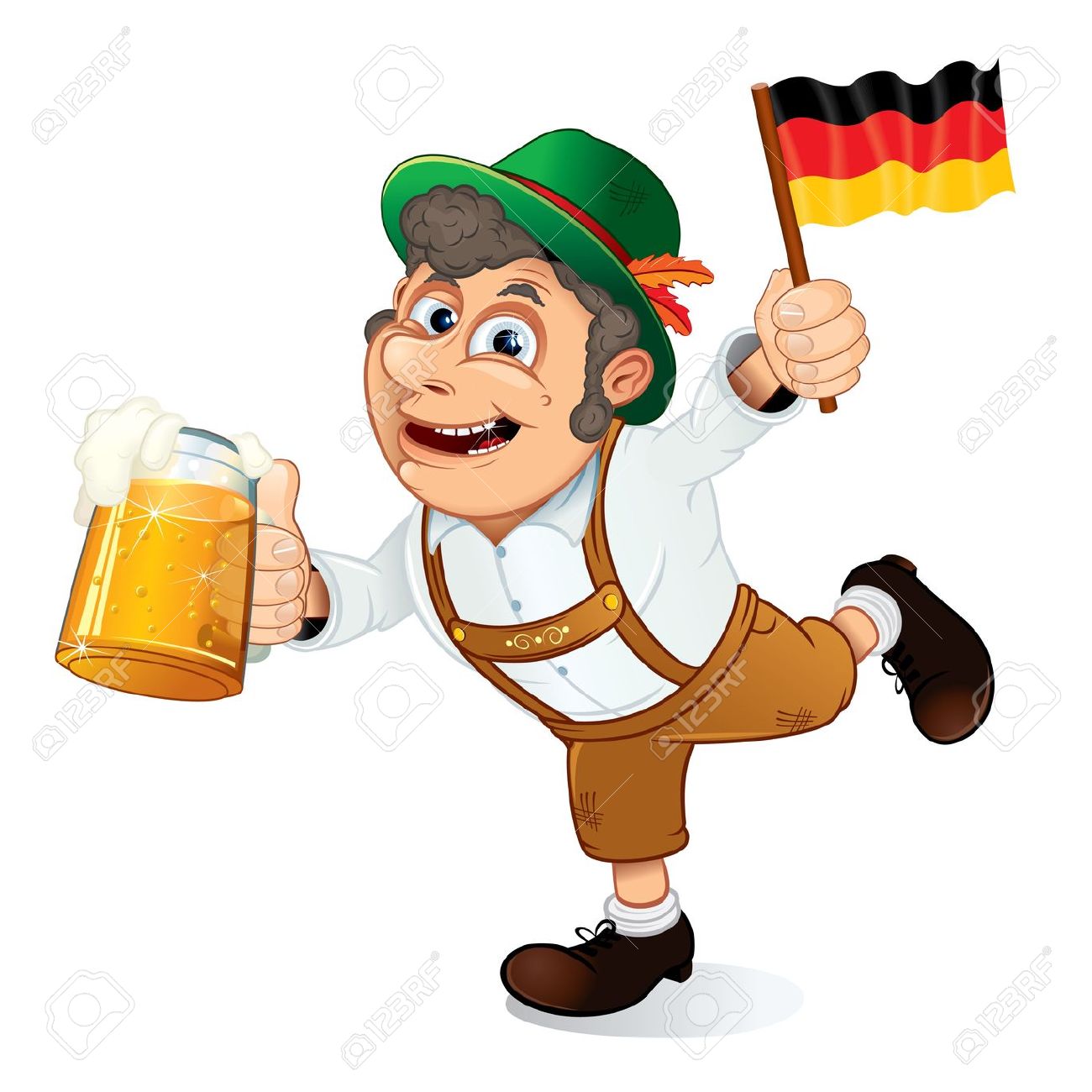 Funny Oktoberfest Man With Beer Stein And Flag Of Germany, Vector.