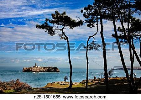 Stock Image of Mouro Island Lighthouse and Bay of Biscay.