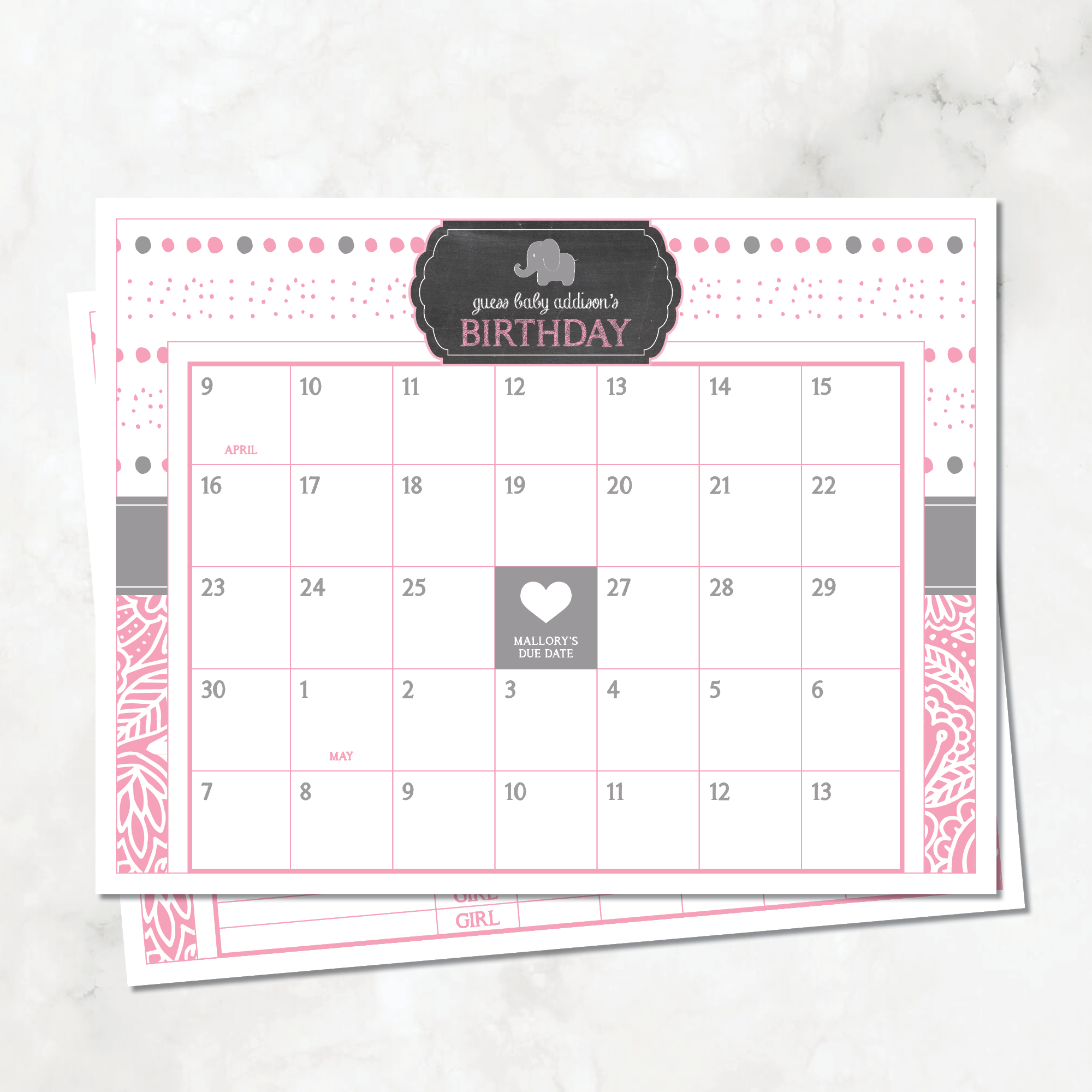 Elephant (Bubbles) Baby Shower Due Date Calendar, Pink — DIY.