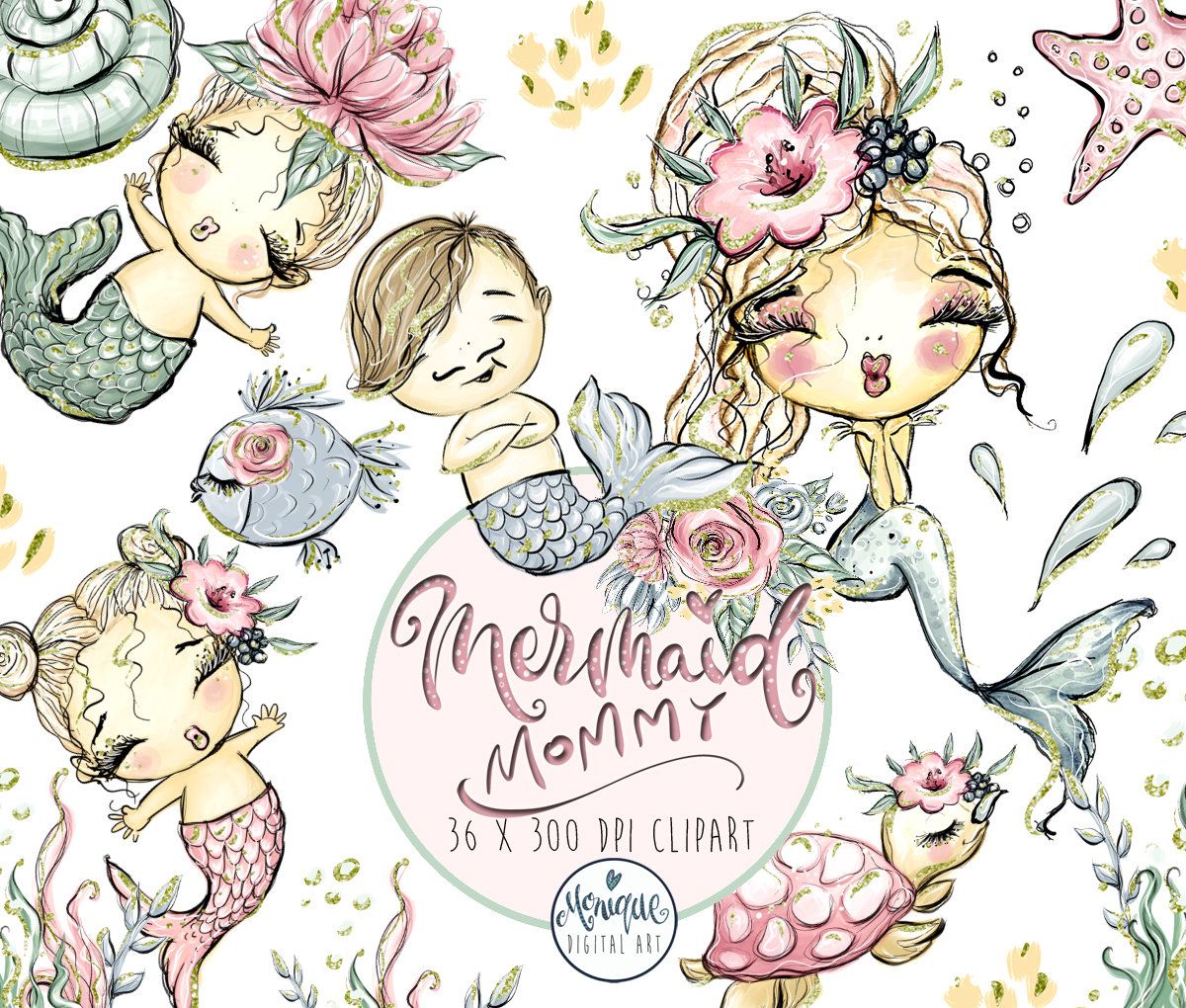 Mermaid Mom Clipart Glitter, Mother and baby clipart.