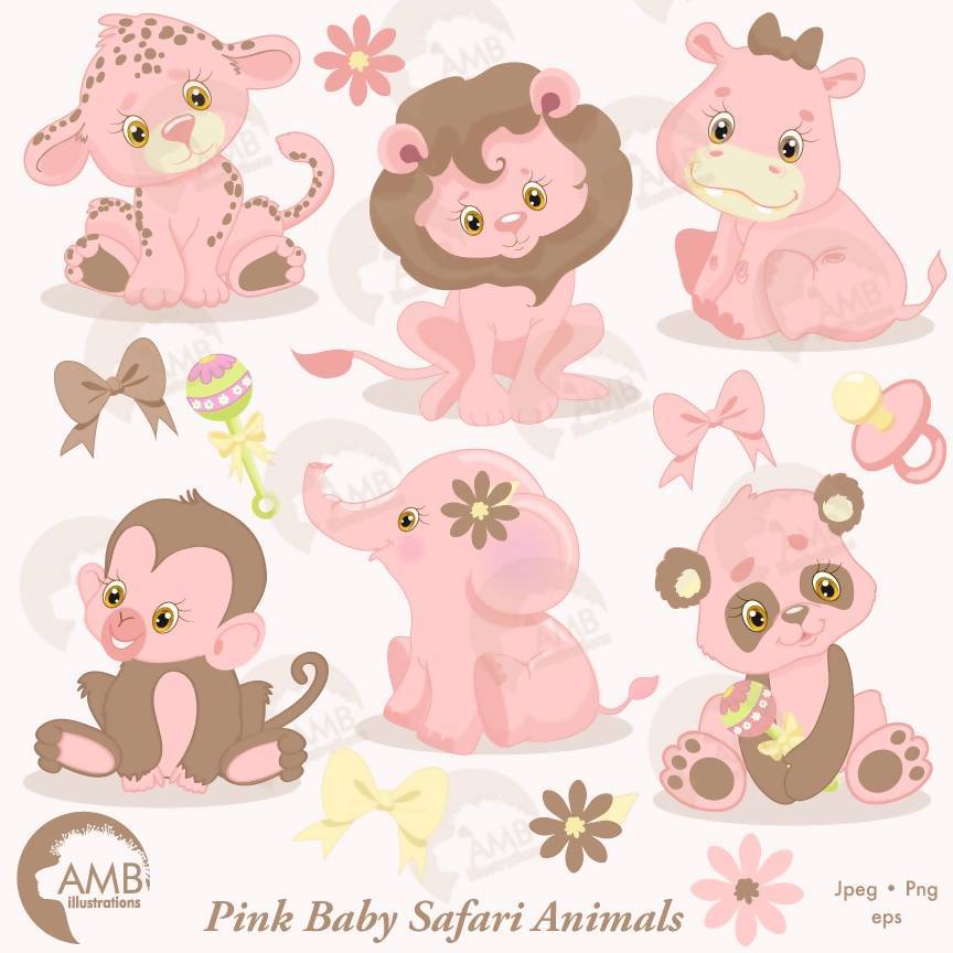 Jungle Animals Clipart, Jungle Animal Babies, Nursery Pink Baby Animals,  AMB.