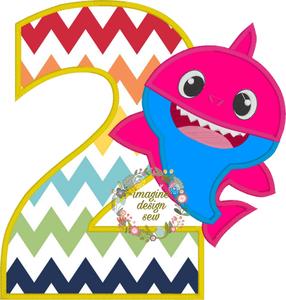 Baby Shark Birthday with number 2 Inspired machine embroidery applique  design Instant Download 5x7 6x10 7x11 8x12.