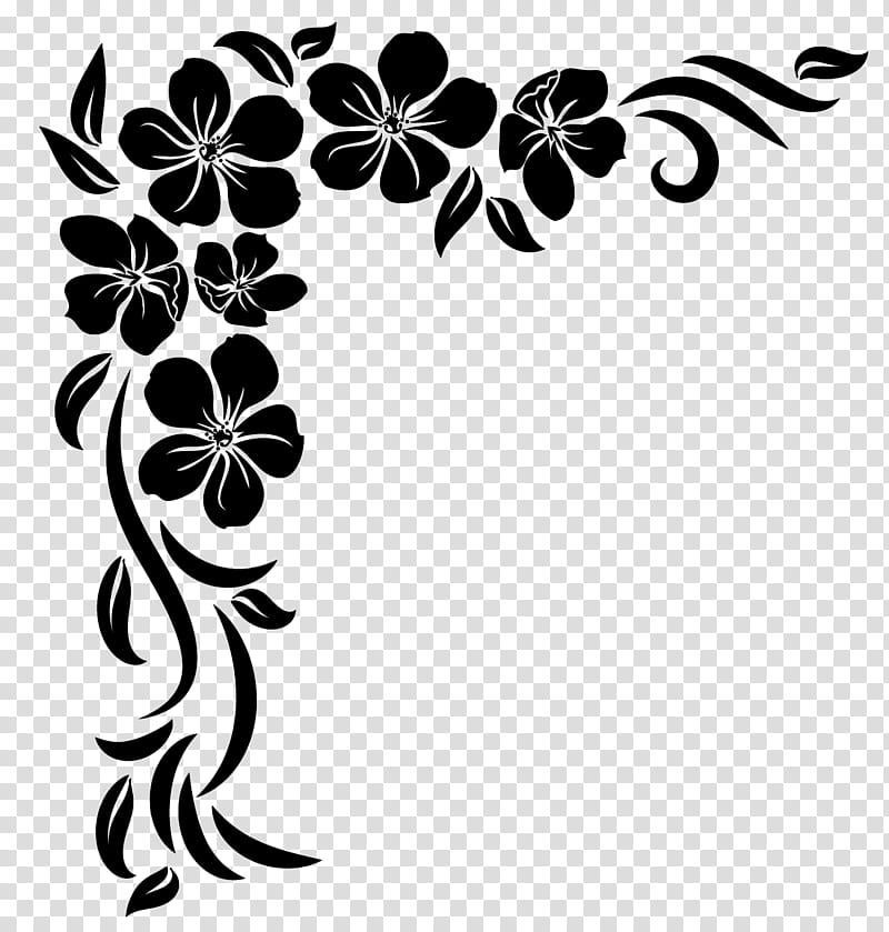 Corners , black and white flower illustration transparent.