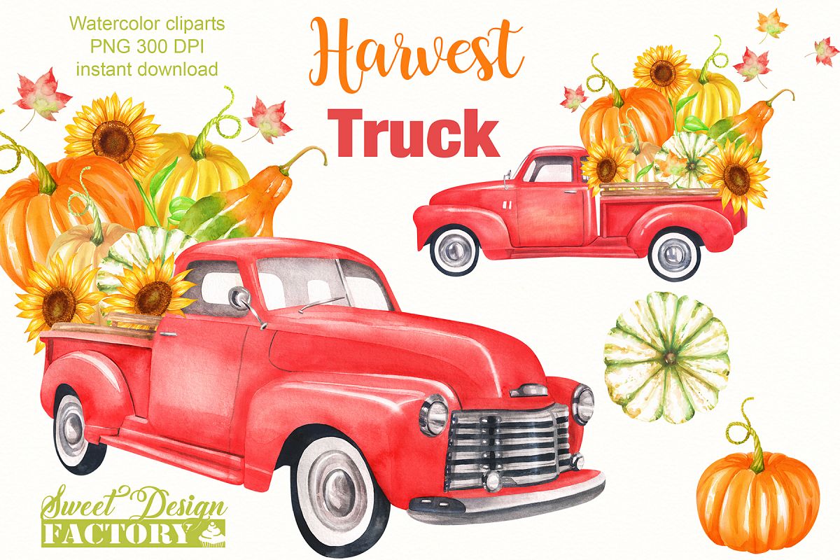 Watercolor harvest vintage truck clipart.