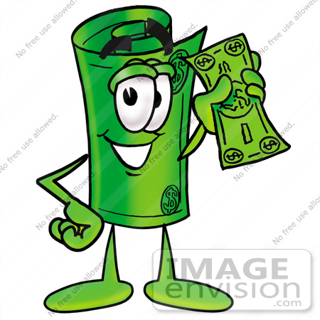 Clip Art Graphic of a Rolled Greenback Dollar Bill Banknote.