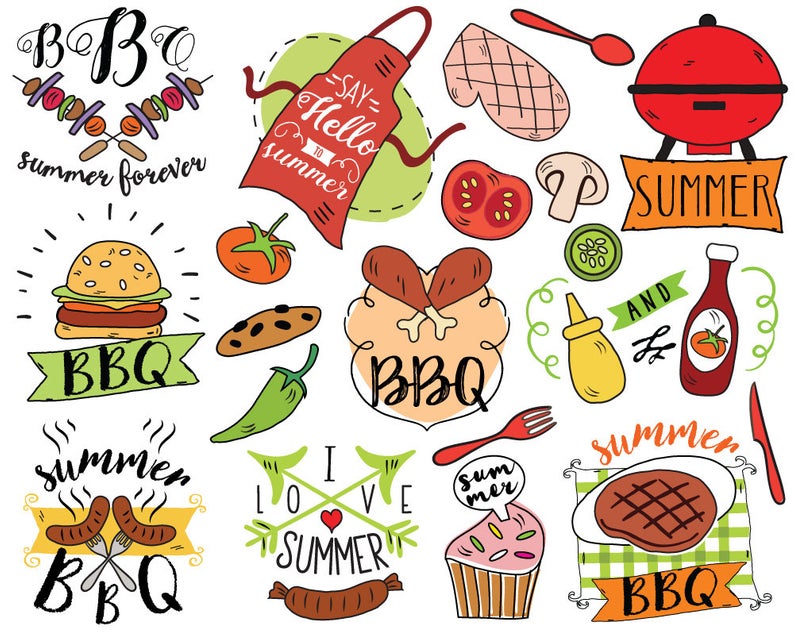 Summer BBQ Clipart, vector, barbecue clipart, summer doodle, picnic  clipart, summer clipart, bullet journal stickers, planner stickers.