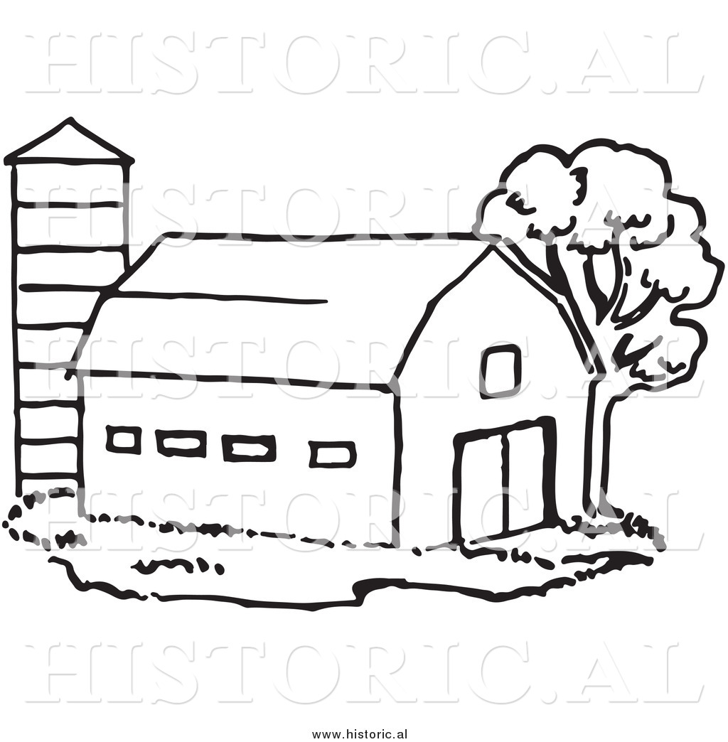 Historical Clipart of a Barn Beside Silo and Tree.