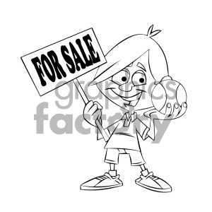 black and white cartoon kid holding a baseball for sale clipart.  Royalty.