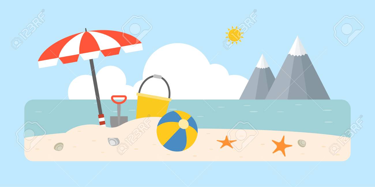 Beach scene with shovel and bucket, beach ball, umbrella on coastal...