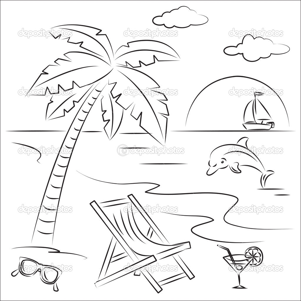 Beach Scene Clipart Black And White.