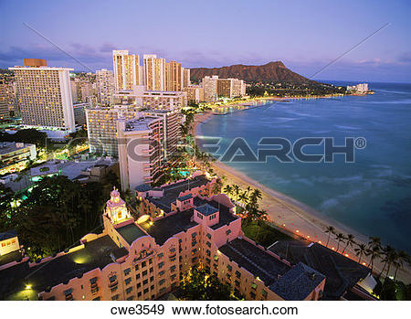 Stock Photograph of Waikiki Beach and Diamond Head with beachfront.