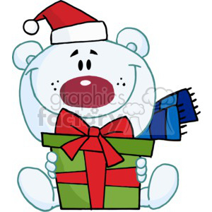 teddy bear holding a Christmas present wearing a Santa Hat clipart.  Royalty.