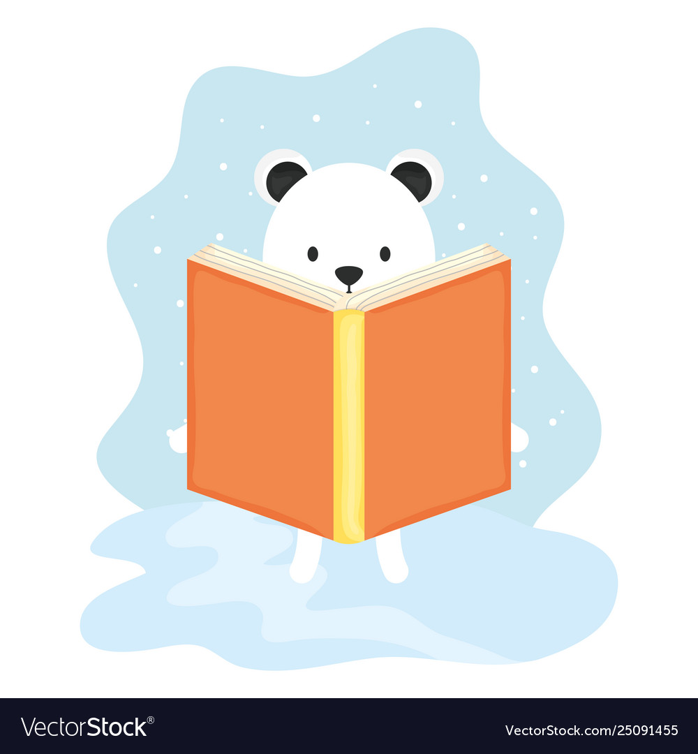 Cute polar bear reading book character.