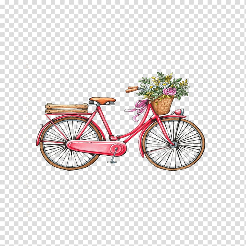 Red beach cruiser bike with flower basket , T.