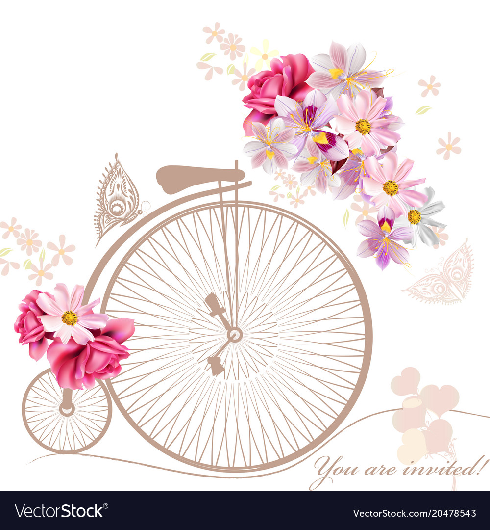 With art bicycle and flowers in vintage style.