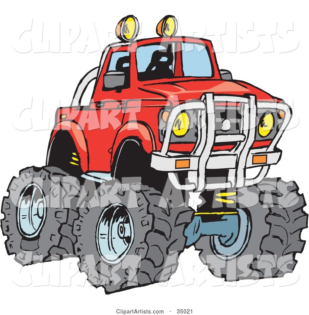 Big Red Pickup Truck With A Lift And Huge Tires, Ready For.