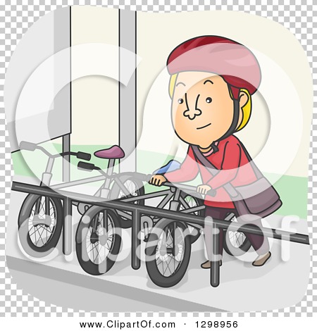 Clipart of a Cartoon Blond White Man Parking His Bike at a Rack.