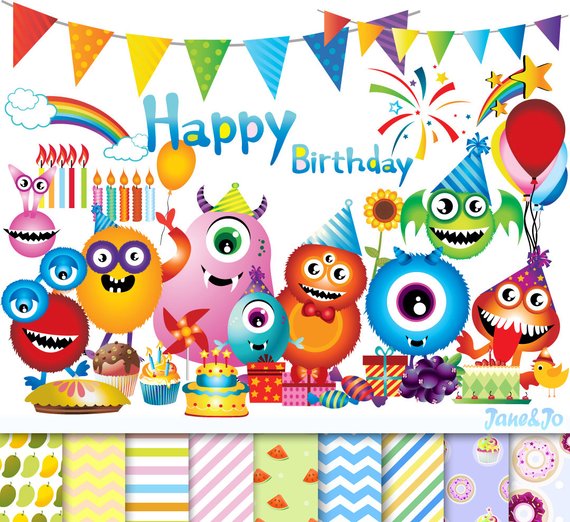 90 Happy birthday cliparts 9 Digital papers,Monster birthday.