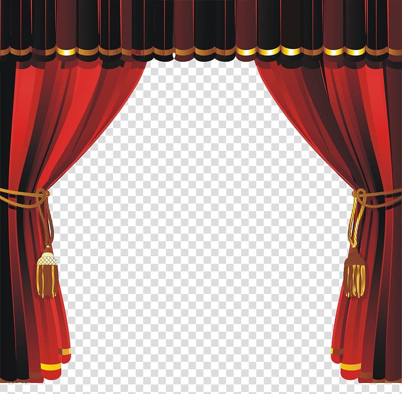 Red and black curtain illustration, Theater drapes and stage.