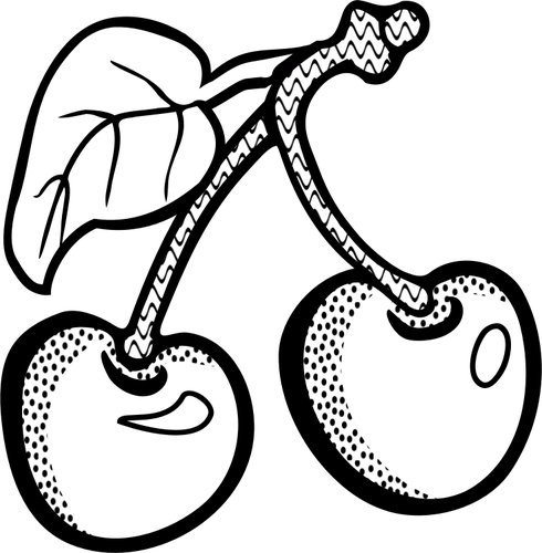 Vector graphics of two cherries in black and white.