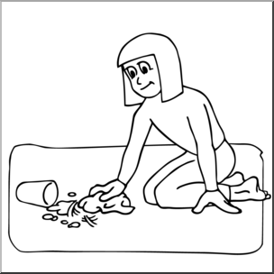 Clip Art: Kids: Chores: Cleaning Up a Spill B&W I abcteach.