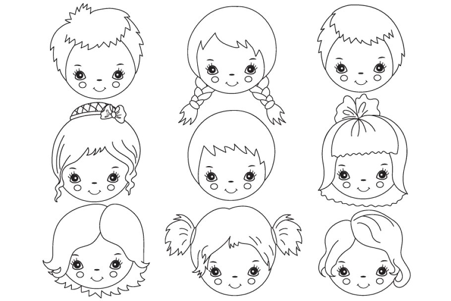 Vector Black & White Kids Faces.