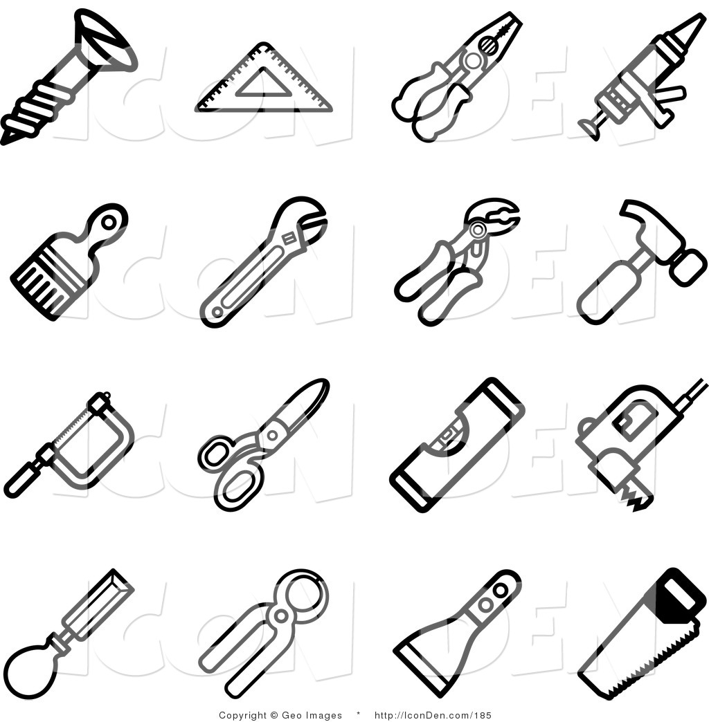 Clip Art of a Collection of Sixteen Black and White Tool Icons on.