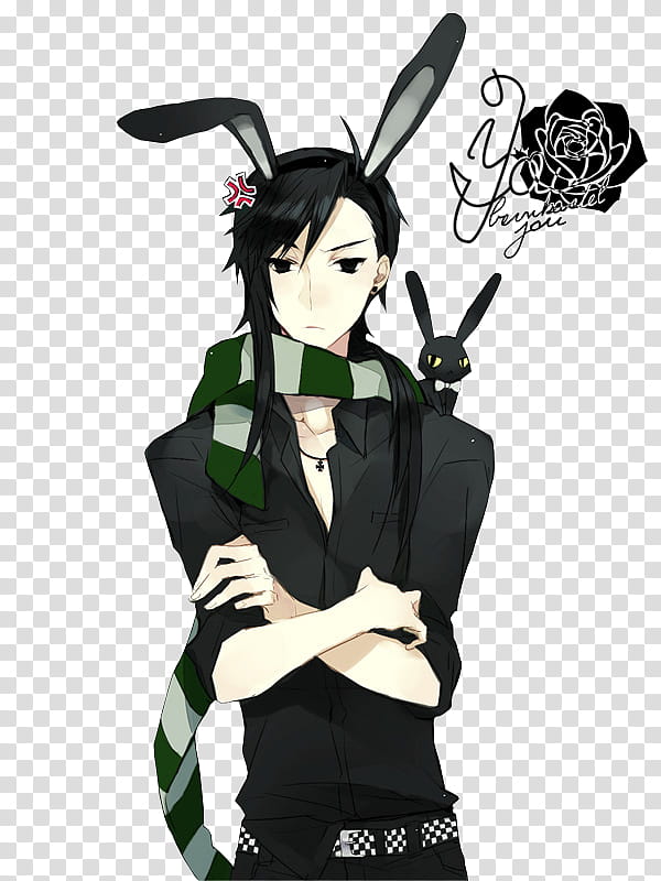 Anime Bunny Boy Render, black haired male anime character.