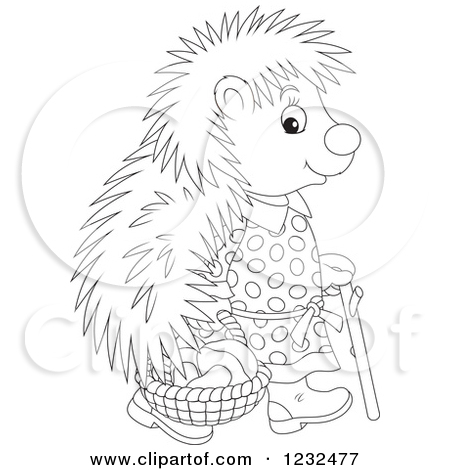 Clipart of a Black and White Female Hedgehog with a Basket of.