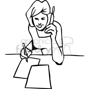 A Black and White Image of a Woman Smiling and Talking on the Phone While  taking Notes clipart. Royalty.