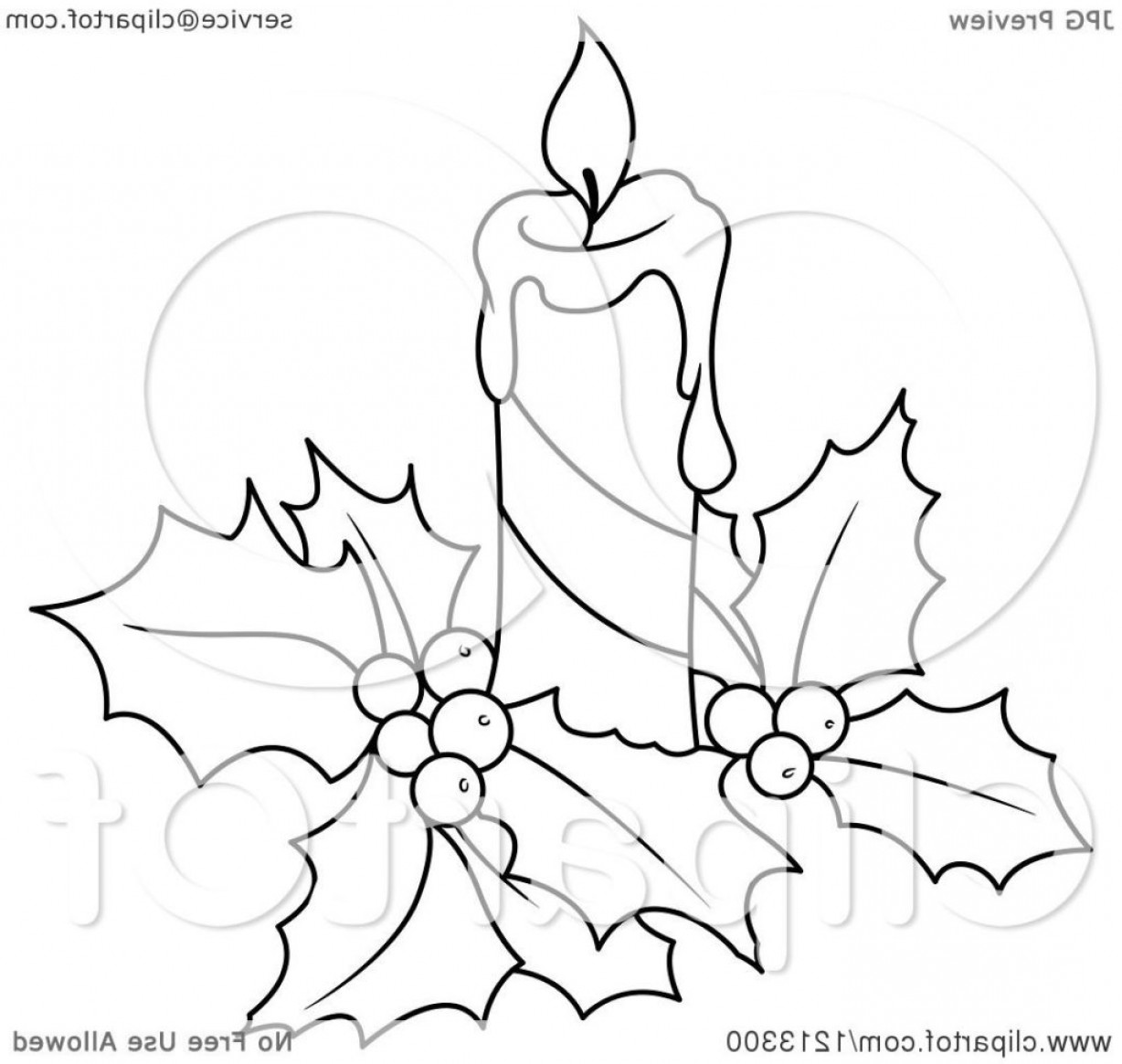 Clipart Of A Black And White Christmas Candle Holly Royalty Free.