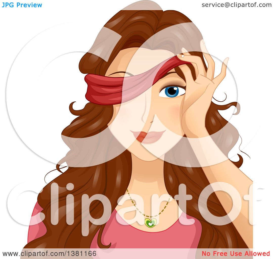 Clipart of a Brunette White Woman Peeking Through a Blindfold.