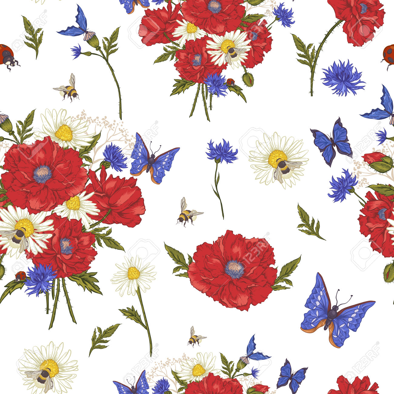 Summer Vintage Floral Seamless Pattern With Blooming Red Poppies.