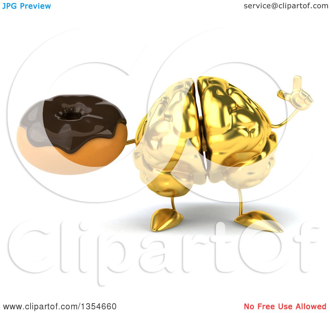 Clipart of a 3d Gold Brain Character Holding up a Finger and a.