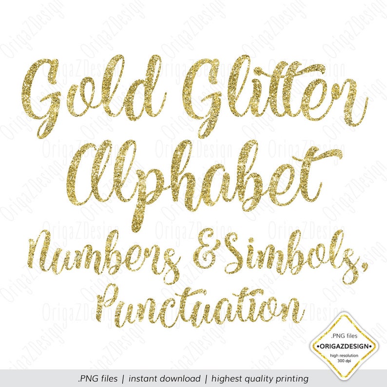 Gold Glitter Alphabet, Glitter letters, Gold Glitter sparkle alphabet  Clipart Numbers Digital font Planner stickers clip art PNG for Wedding.