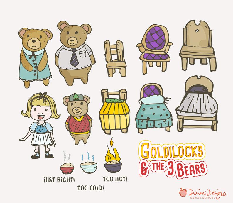 Goldilocks & Three Bears clipart commercial use, fairytale clip art,  children, fairy tale, porridge, story hand drawn, instant download.