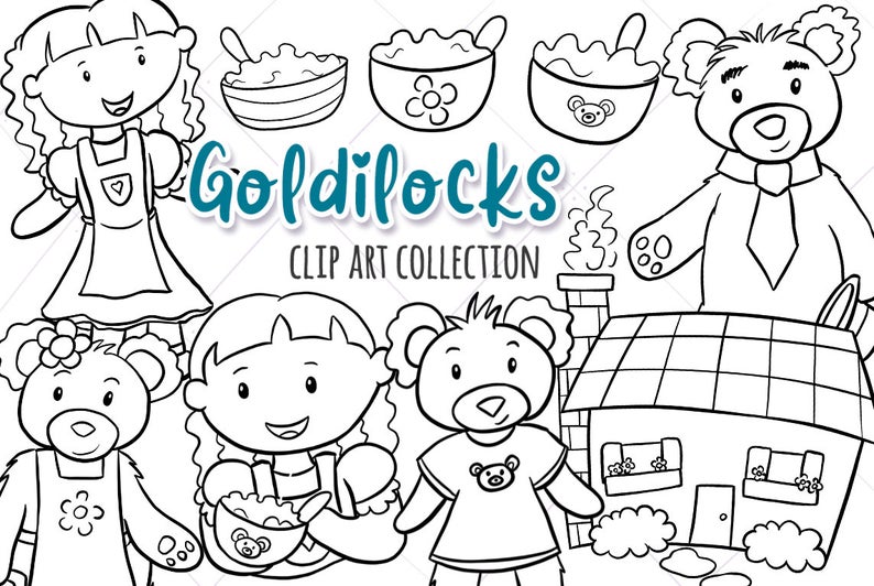 Goldilocks and the three Bears Story Book Illustrations, Black and White  Coloring Page Style Drawings, Fairy Tale.