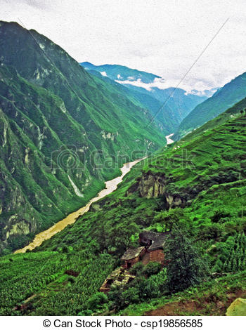 Stock Illustration of leaping tiger gorge, oil paint stylization.