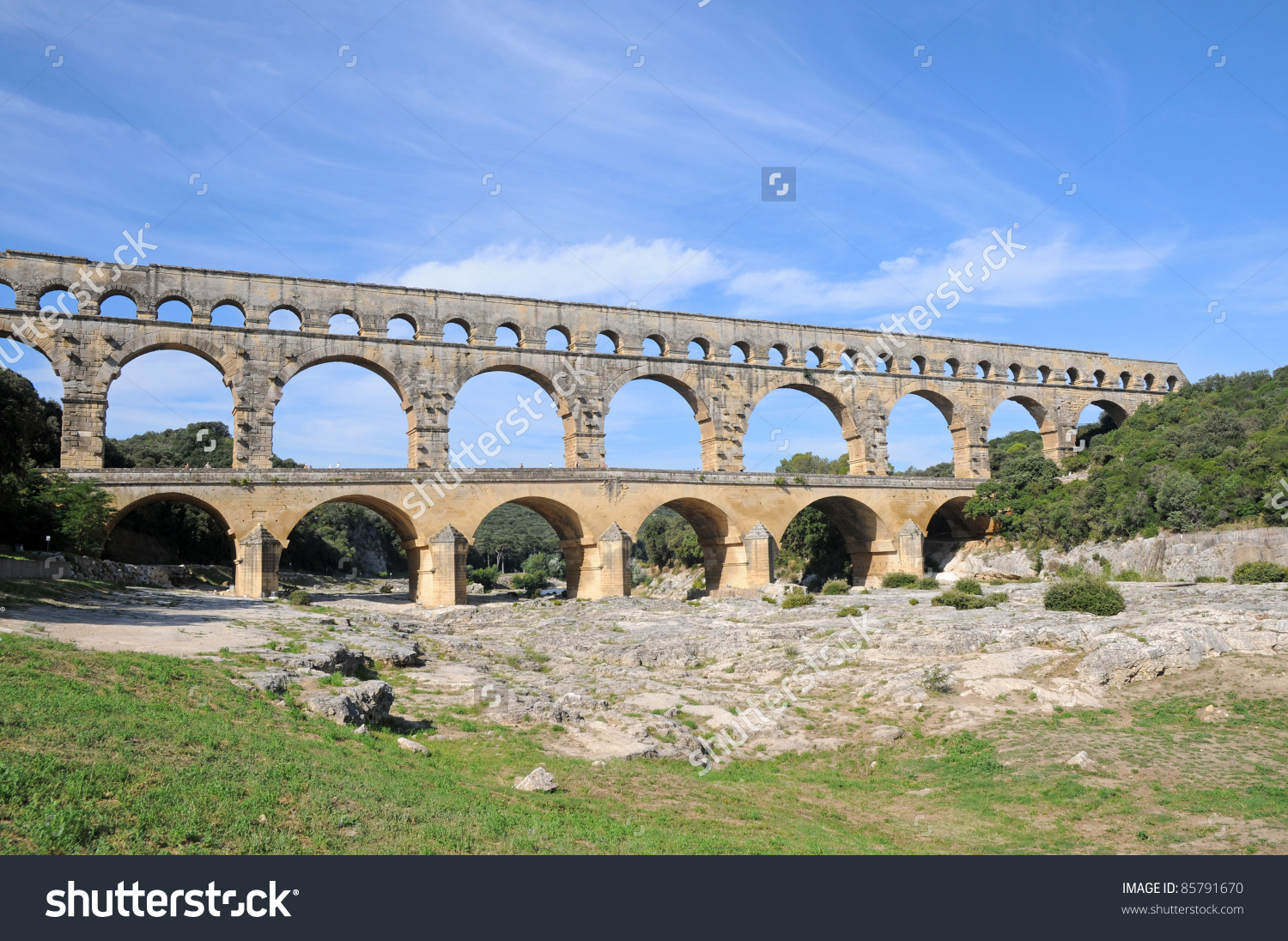 Ancient Roman Aqueduct Bridge Pont Du Gard Over Gard River Near.