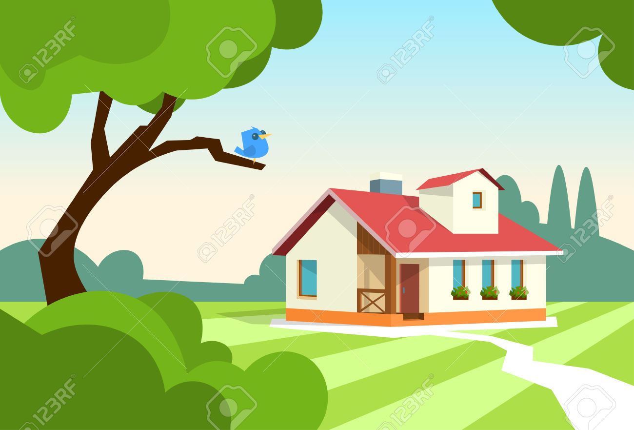 Big Modern House Residence Estate With Garden Flat Vector.