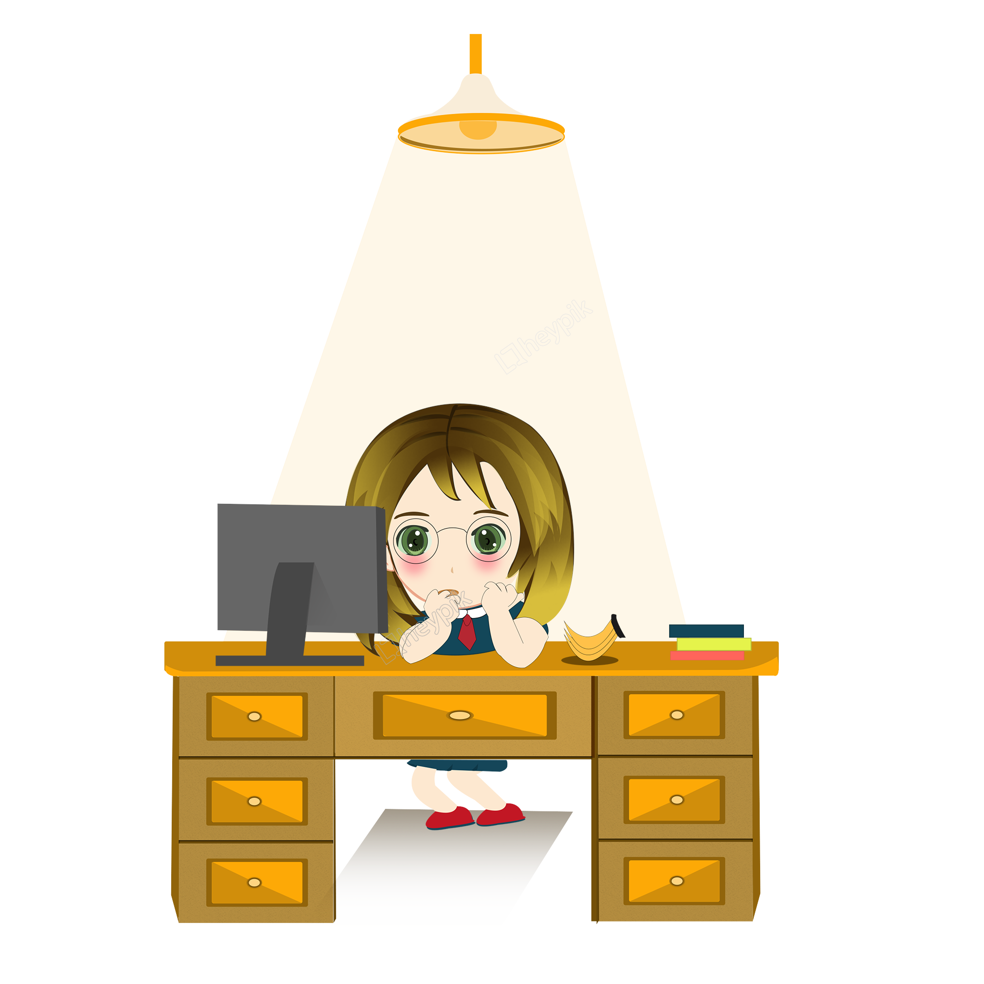 Download Free png Cartoon version girl watching TV late.