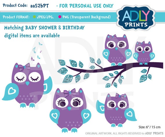 Purple Teal Girl Owl Clipart for Baby Shower, Birthday,all events. Mommy  baby owl, turquoise, lavender.