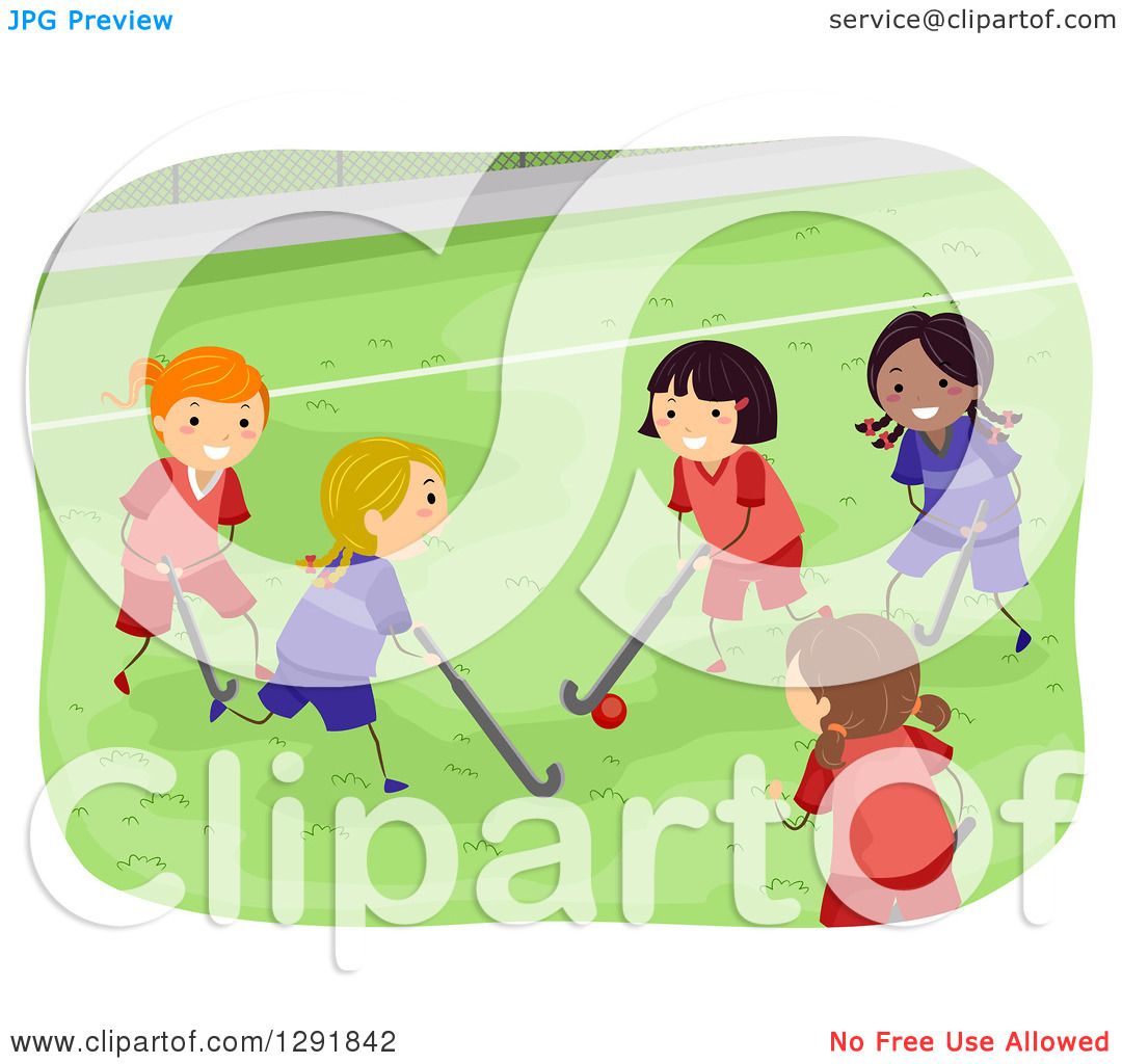 Clipart of a Group of Girls Playing Field Hockey.