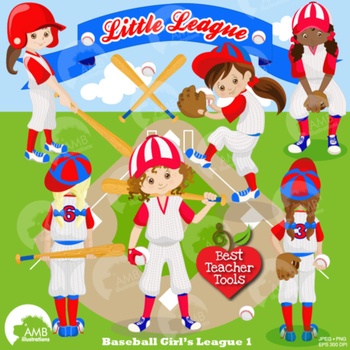 Baseball Clipart, Sports Clipart, Baseball Girl Clip Art, Blue and Red,  AMB.