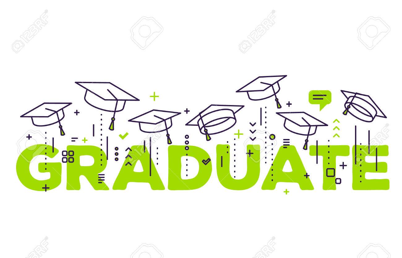 Vector illustration of green word graduation with graduate caps...