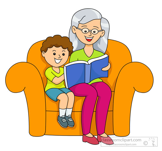 Grandmother reading stories from book to child clipart.