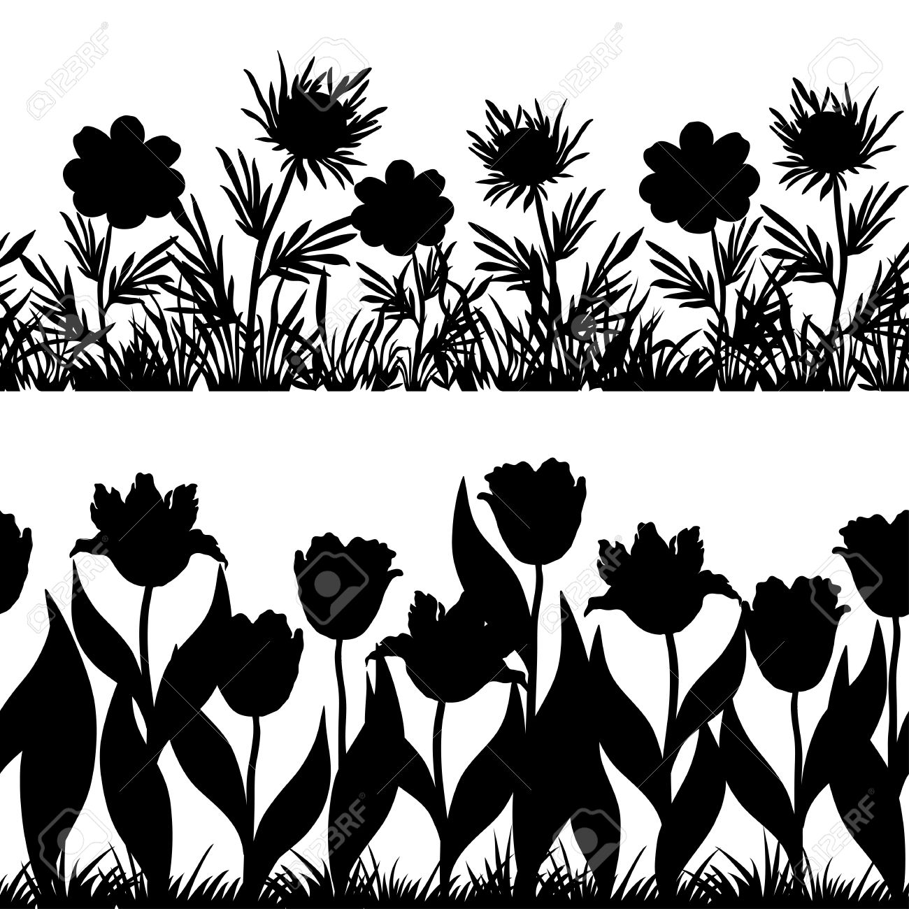 Set Seamless Of Flowers And Grass, Black Silhouette Isolated.