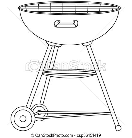 Line art black and white bbq grill on wheel.