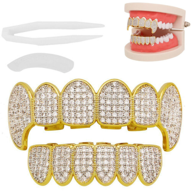 14k Gold Plated Zirconia Hip Hop Teeth Grillz Caps Fang Golden Top +Bottom  Grill.